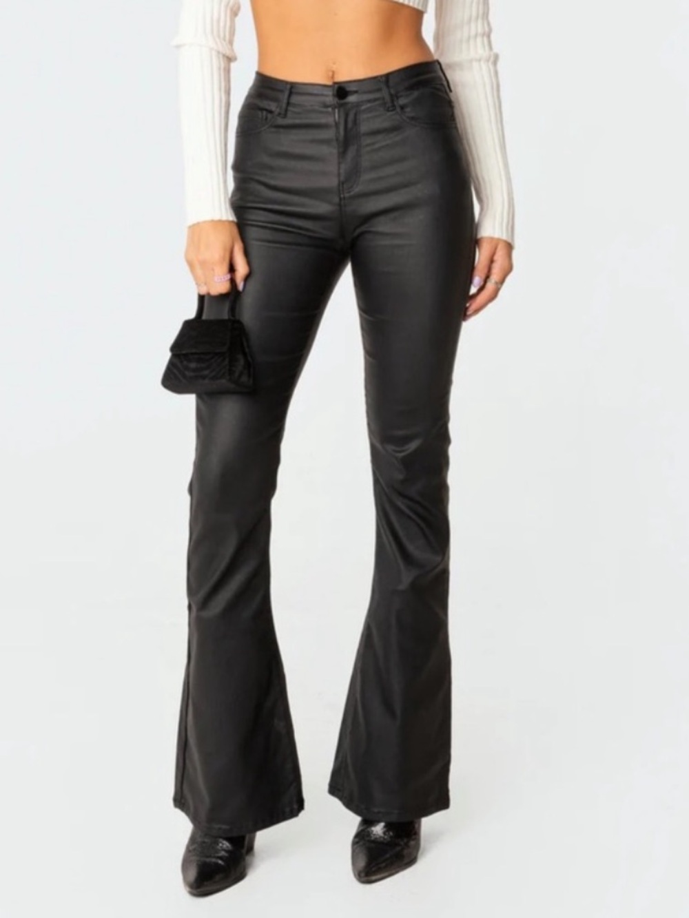 Edikted Luna Faux Leather Flare Jeans M Black High Rise Y2K Model Off Duty Pants